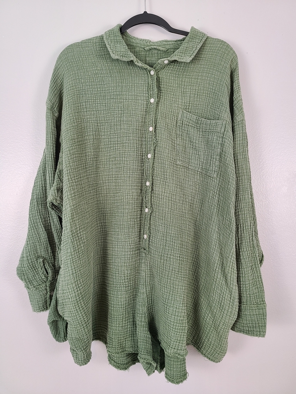 Aerie Pool-to-Party Green Cotton Gauze Lightweight Long-sleeve Romper Shorts XL